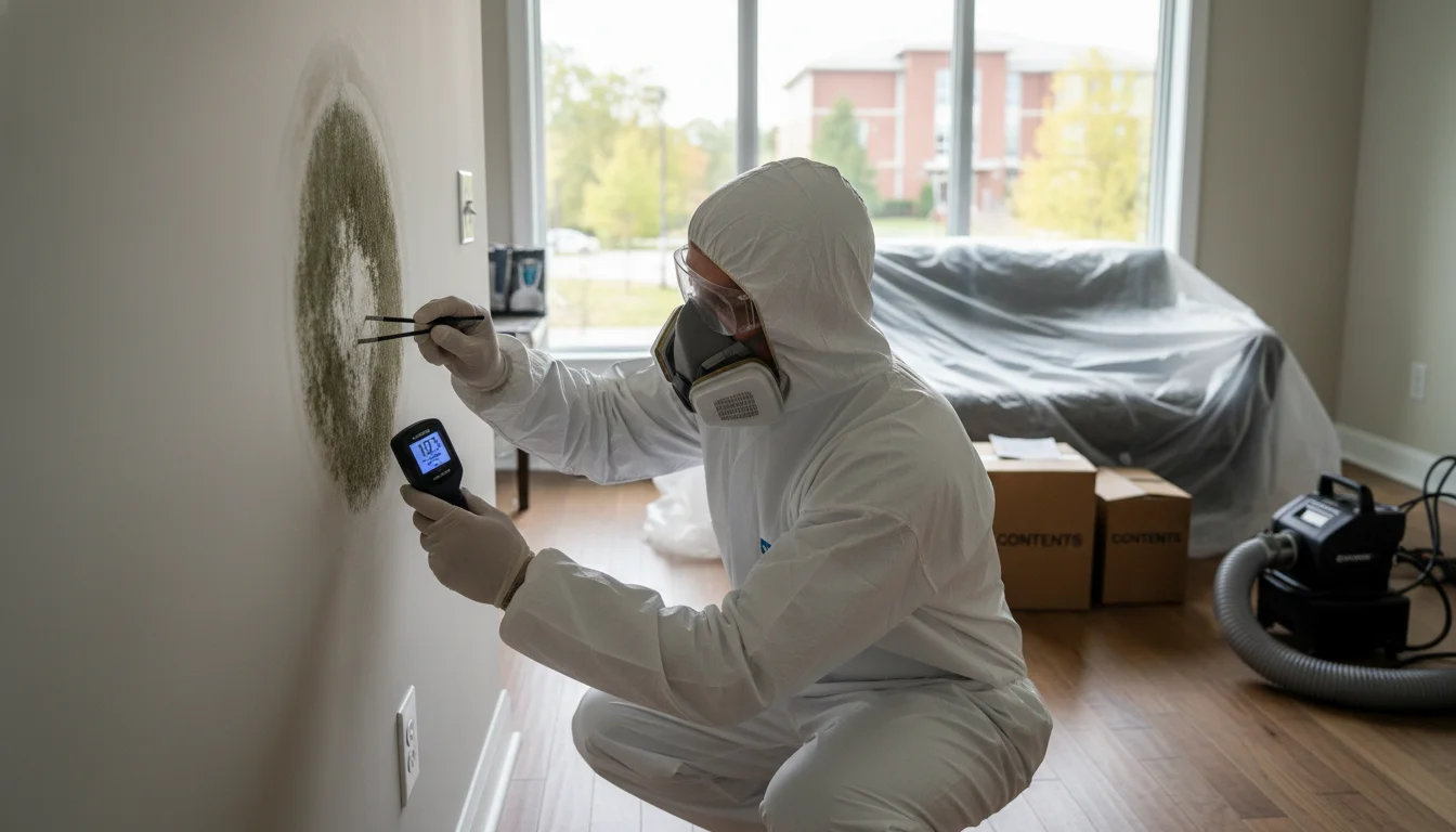 Professional mold removal Oakwood GA — IICRC-certified technician inspecting a residential living room wall with a moisture meter in a home near the University of North Georgia Gainesville Campus