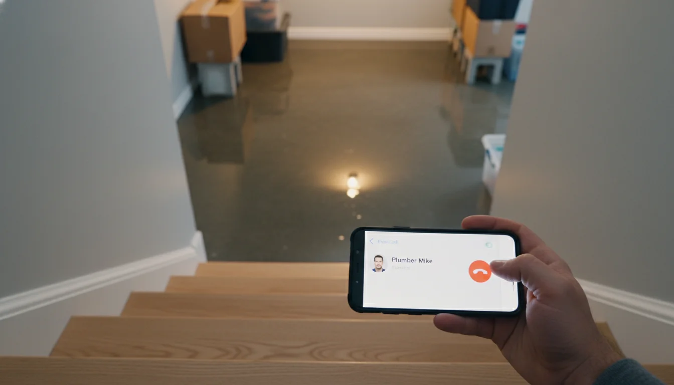 Homeowner with phone in hand standing at the top of basement stairs looking down at standing water — illustrating the first hour after a flooded basement and who to call first