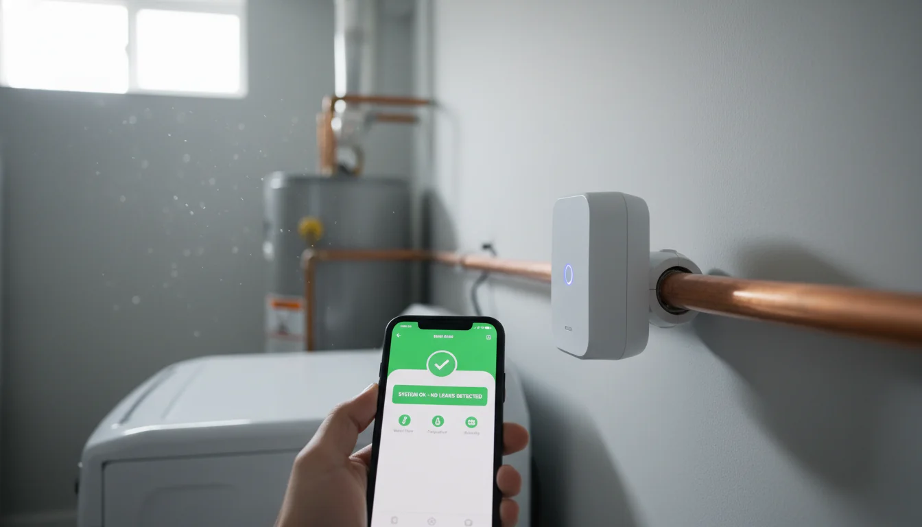 Smart water leak detection device mounted on a basement wall next to a washing machine, with a smartphone showing a leak alert app — illustrating water leak detection and repair savings on homeowners insurance