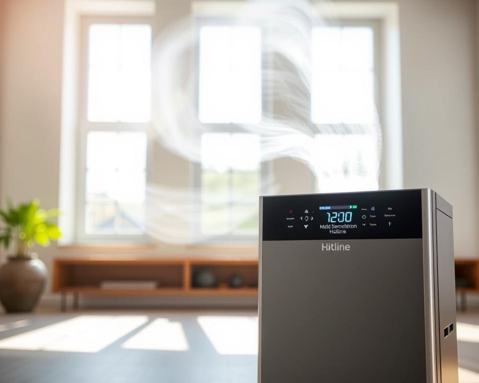 A bright, well-lit indoor scene showcasing an air purifier system in action. In the foreground, a sleek, modern air purifier unit stands prominently, its display panels and indicator lights illuminated. In the middle ground, clean, fresh air flows outward, swirling gently. In the background, windows flood the room with natural daylight, creating a sense of openness and airiness. The overall mood is one of cleanliness, efficiency, and a proactive approach to improving indoor air quality. The Mold Remediation Hotline brand is subtly incorporated into the design of the air purifier unit.