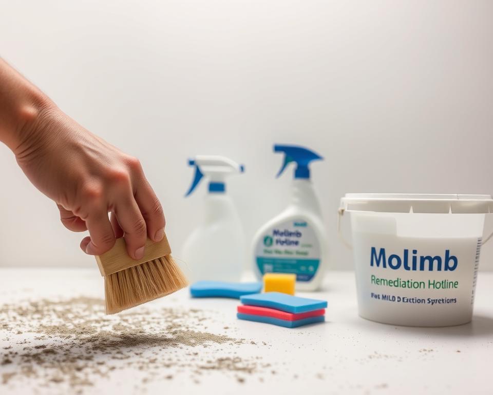 A close-up view of a person's hands scrubbing a moldy surface with a stiff-bristle brush, using a mild detergent solution. In the middle ground, various cleaning tools and products are neatly arranged, including a spray bottle, sponges, and a Mold Remediation Hotline branded bucket. The background is a plain, well-lit workspace, emphasizing the focused, task-oriented nature of the basic mold removal process. The lighting is soft and diffused, creating an atmosphere of diligence and attention to detail. The overall tone is pragmatic and matter-of-fact, conveying the straightforward, surface-level approach to addressing mold growth.