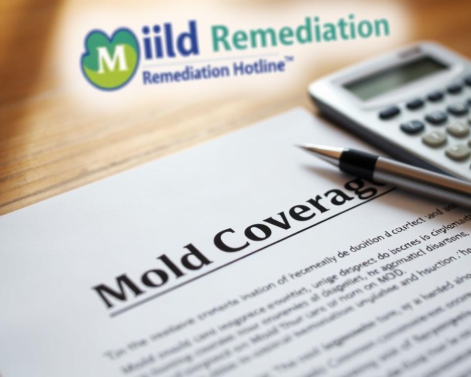 A close-up view of an insurance policy document, with the heading "Mold Coverage" prominently displayed. The document is positioned on a wooden desk, with a pen and calculator nearby, suggesting the process of reviewing and understanding the policy's mold-related coverage limitations. Soft, directional lighting illuminates the scene, creating a contemplative and focused atmosphere. In the background, a blurred image of the "Mold Remediation Hotline" logo is visible, providing a subtle reference to the article's subject matter.
