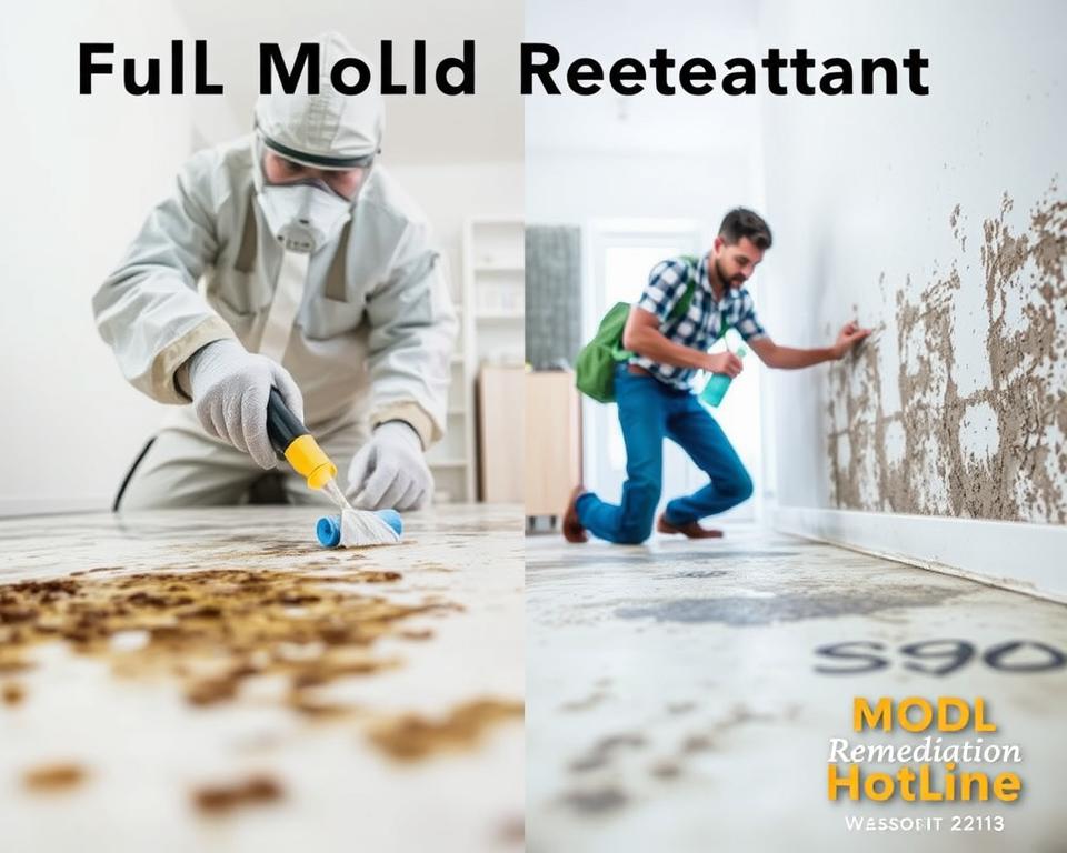 A close-up view of two distinct mold treatment processes, showcasing the differences between "full mold remediation" and "basic removal". In the foreground, a professional wearing a hazmat suit carefully applies a specialized cleaning solution to a moldy surface, demonstrating the thoroughness of a full remediation approach. In the middle ground, a worker in casual attire scrubs a similar moldy area with a basic cleaning product, highlighting the more limited nature of a basic removal method. The background features a clean, well-lit interior, emphasizing the importance of comprehensive mold treatment for a healthy living environment. The Mold Remediation Hotline logo is subtly displayed in the corner, adding a sense of authority and expertise to the scene.