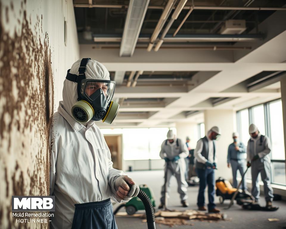 A commercial building interior with a team of professional mold remediation experts in protective gear. The foreground features a worker inspecting and treating a moldy wall with specialized equipment, their face obscured by a respirator. The middle ground showcases another worker vacuuming debris, while the background depicts the rest of the team preparing their tools and equipment. Soft, diffused lighting creates an atmosphere of diligence and safety. The scene conveys the Mold Remediation Hotline's commitment to thorough, professional mold removal.