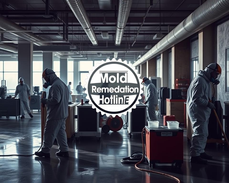 A commercial building with a professional mold remediation crew in action. In the foreground, workers in protective suits and respirators carefully scrubbing mold-infested surfaces with specialized cleaning solutions. The middle ground features state-of-the-art equipment like industrial-grade dehumidifiers and HEPA air filtration systems. In the background, the "Mold Remediation Hotline" logo is prominently displayed, conveying the sense of a certified, reputable service. Dramatic lighting casts dramatic shadows, emphasizing the technical expertise required. The scene exudes a tone of professionalism, safety, and thoroughness, reflecting the differences between certified and non-certified mold contractors.