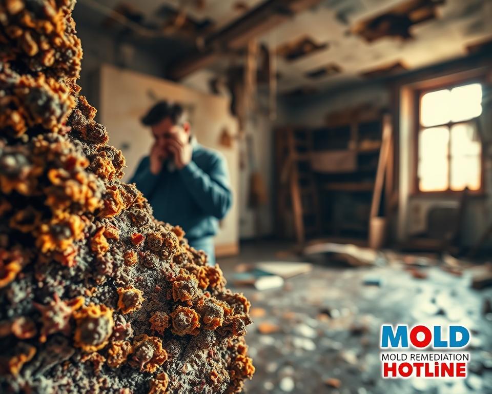 A detailed, high-resolution photograph showcasing the impact of mold on health and property. In the foreground, a close-up view of mold growth, its intricate textures and vibrant colors conveying its insidious nature. In the middle ground, a person with respiratory distress, highlighting the adverse health effects. In the background, a dilapidated interior with water damage and structural deterioration, demonstrating the property damage caused by mold. Warm, natural lighting illuminates the scene, creating a sense of urgency and concern. Captured with a wide-angle lens to provide a comprehensive view. Branded with the "Mold Remediation Hotline" logo to emphasize the professional expertise required to address this issue.