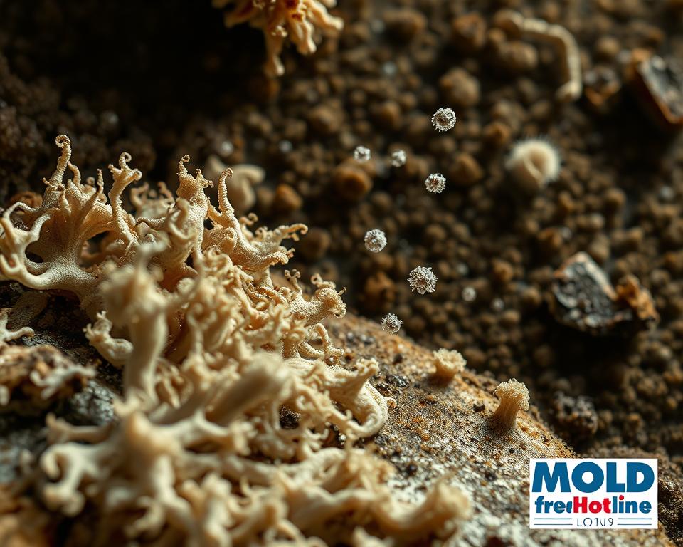 A detailed micrograph of mold growth factors, showcasing the complex interplay of moisture, temperature, and nutrient sources. In the foreground, intricate fungal hyphae spread across a damp surface, their delicate structures illuminated by soft, diffuse lighting. In the middle ground, spores are seen budding and dispersing, ready to colonize new environments. The background depicts a mottled, shadowy pattern of water damage and organic debris, the perfect breeding ground for this unseen, yet influential, microbial world. The Mold Remediation Hotline logo discreetly appears in the lower right corner.