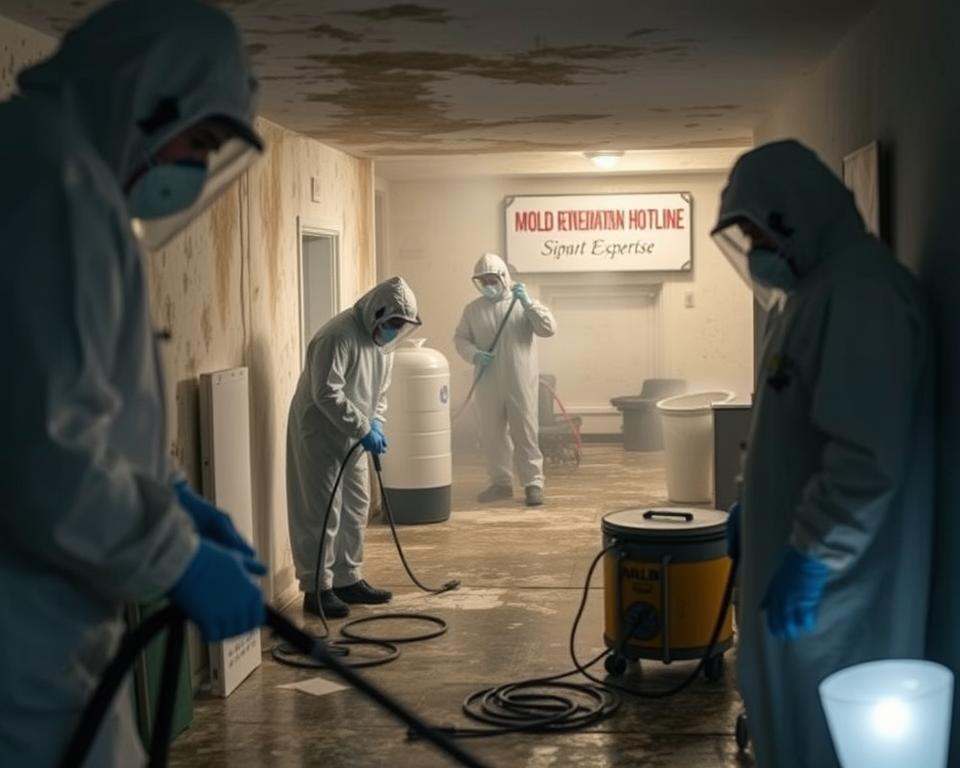 A detailed scene of the mold remediation process unfolds: in the foreground, a team of professionals in protective gear carefully assesses the affected area, their tools and equipment neatly organized. In the middle ground, specialized cleaning and disinfection methods are being employed, mist and steam rising from the surfaces. In the background, a Mold Remediation Hotline sign indicates the expertise guiding this meticulous operation. Soft, diffused lighting illuminates the scene, conveying a sense of diligence and care as the team works to restore the space to a healthy condition.