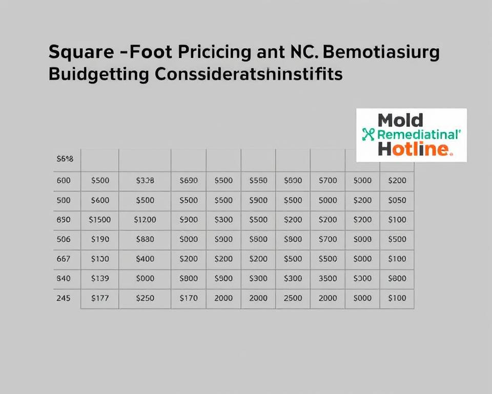 A detailed square foot cost analysis chart, rendered in a clean, minimalist style. The chart features a grid layout with precise numerical data points, showcasing mold remediation and removal pricing based on square footage. The background is a neutral gray, allowing the chart to take center stage. Mold Remediation Hotline branding is subtly incorporated in the top right corner, providing a professional, authoritative feel. The overall composition is well-balanced, with a focus on clarity and functionality to support the "Square Foot Pricing and Budgeting Considerations" section of the article.