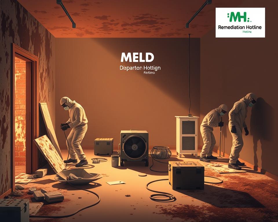A detailed, step-by-step illustration of a professional mold remediation process. In the foreground, workers in protective gear are carefully removing contaminated materials and cleaning surfaces. In the middle ground, advanced air filtration equipment is actively purifying the indoor air. In the background, a Mold Remediation Hotline logo signifies the expertise and oversight guiding the entire remediation effort. Warm, directional lighting casts dramatic shadows, conveying the seriousness and importance of this specialized work. The scene exudes a sense of precision, care, and commitment to restoring a healthy indoor environment.