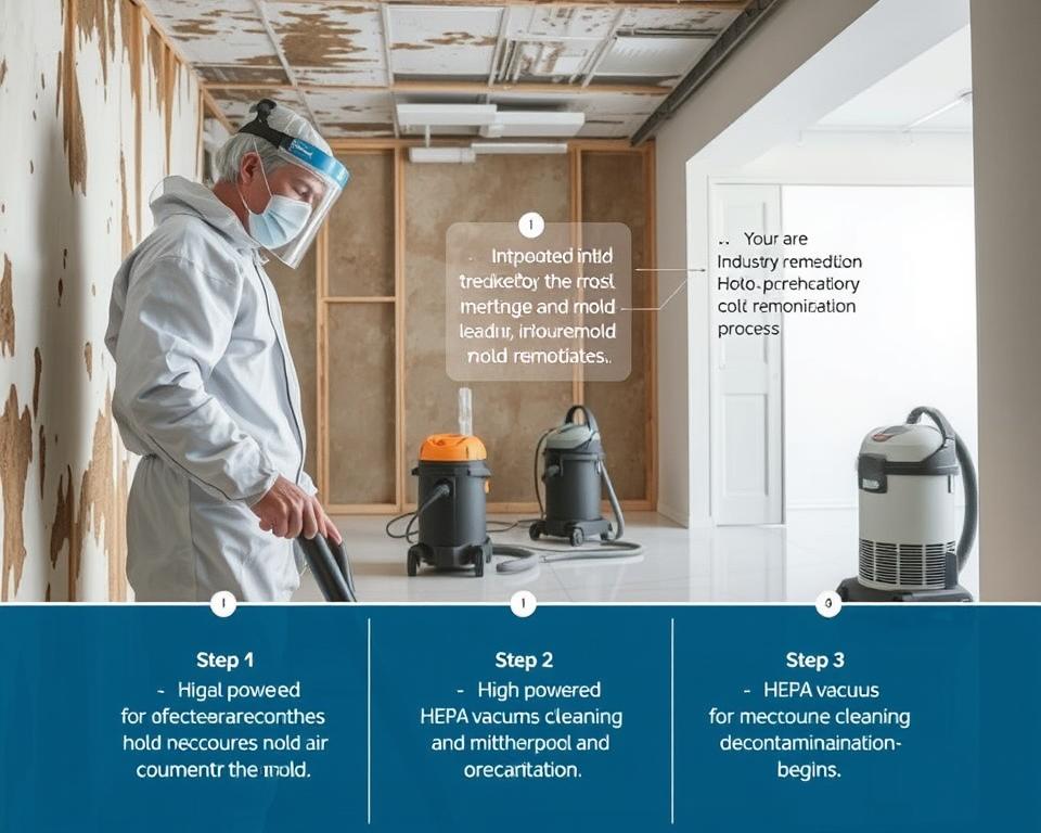 A detailed, step-by-step visual guide to the comprehensive mold remediation process. In the foreground, a professional technician dressed in protective gear carefully assesses the affected area, inspecting for signs of mold growth. In the middle ground, high-powered HEPA vacuums and air filtration equipment are set up, ready to begin the meticulous cleaning and decontamination. In the background, a serene, well-lit workspace with clean, sterile surfaces, conveying the Mold Remediation Hotline's commitment to thorough, industry-leading remediation practices. Soft, directional lighting illuminates the scene, capturing the technical precision and care required for a full mold remediation.