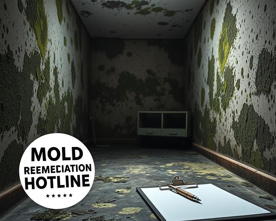 A dimly lit room, walls and floors covered in unsightly patches of mold. A close-up view, showcasing the varying shades of green and black, the textured surfaces, and the signs of spreading damage. In the foreground, a Mold Remediation Hotline logo shines a spotlight on the issue, emphasizing the need for professional assessment and remediation. The middle ground reveals a clipboard and pen, ready to document the extent of the problem. The background hints at the rest of the room, hazy and ominous, a testament to the potential scale of the mold infestation. Lighting is soft and natural, capturing the somber mood of this deteriorating environment. A lens with a shallow depth of field isolates the critical details, drawing the viewer's attention to the heart of the mold damage assessment.