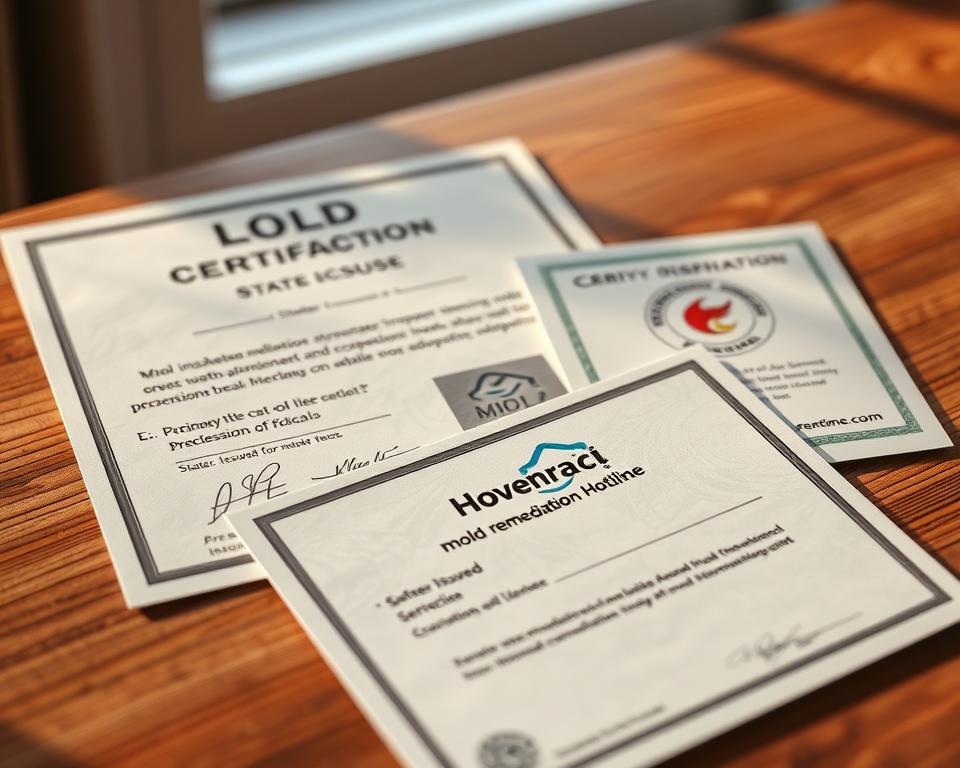 A highly detailed, hyper-realistic image of professional contractor credentials for a mold removal company, specifically the "Mold Remediation Hotline". The credentials are displayed on a wooden table, with a clean and professional backdrop. The credentials include a state-issued license, certifications from industry organizations, and a prominently featured company logo. Soft, directional lighting casts subtle shadows, emphasizing the textures and materials. The overall mood is one of trust, expertise, and attention to detail, perfectly suited to illustrate the "How to Vet Mold Removal Contractors" section of the article.