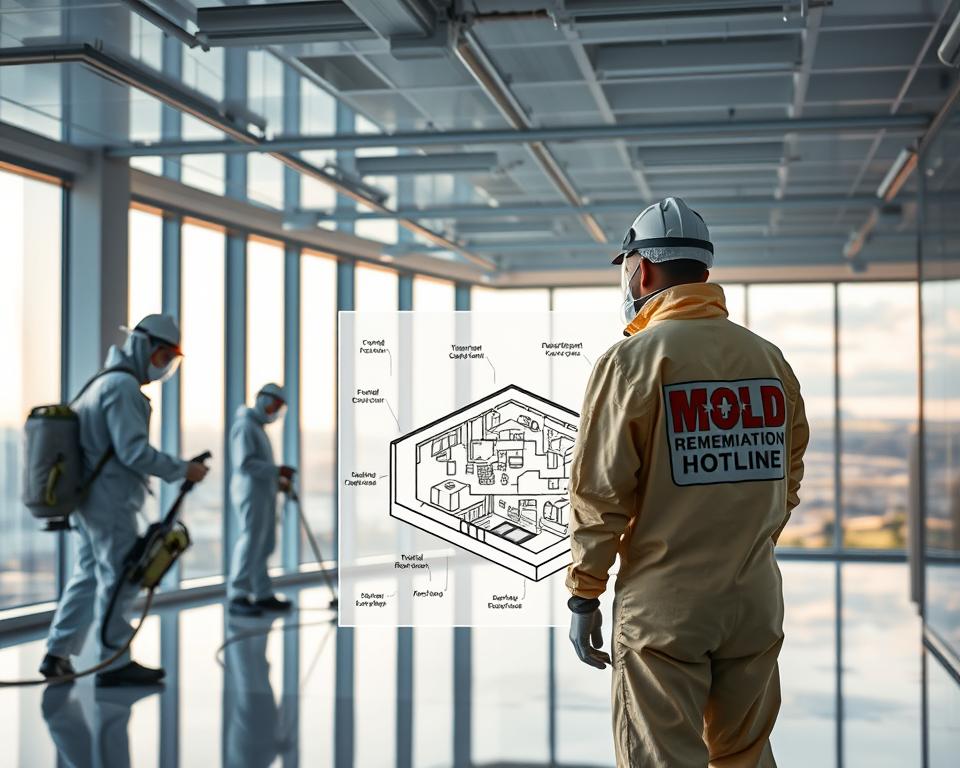 A pristine commercial office, illuminated by soft, natural lighting filtering in through large windows. In the foreground, a team of professional mold remediation technicians in full protective gear, using advanced equipment to assess and treat the affected areas. The Mold Remediation Hotline logo is prominently displayed on their uniforms, signaling their expertise. In the middle ground, a detailed schematic of the building's layout, highlighting the extent of the mold infestation. The background features a tranquil, serene landscape, conveying a sense of order and control being restored to the environment.