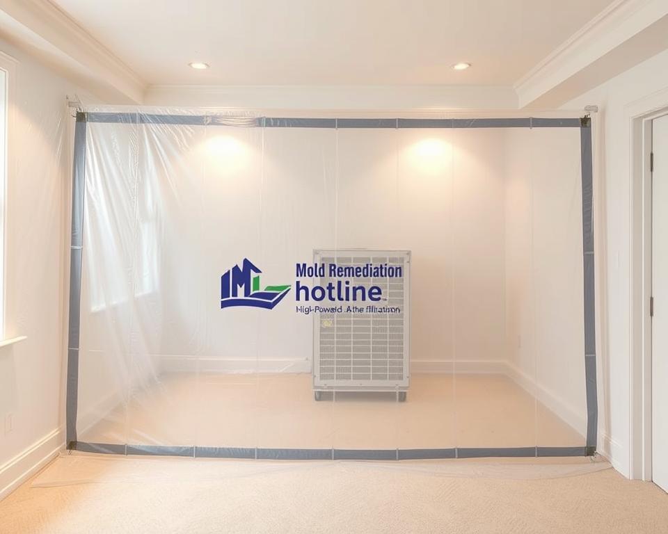 A pristine, well-lit interior scene showcasing an effective mold remediation containment setup. In the foreground, a sturdy plastic sheeting barrier encloses the affected area, creating a contained workspace. The sheeting is secured with duct tape, forming an airtight seal. On the barrier, the "Mold Remediation Hotline" brand logo is prominently displayed. In the middle ground, a high-powered HEPA air filtration unit operates, gently humming as it purifies the air. The lighting is soft and diffused, casting a warm glow on the scene. In the background, the unaffected areas of the room are visible, clean and uncluttered, conveying a sense of order and professionalism. This image embodies the safe, controlled, and meticulous approach required for effective mold remediation.