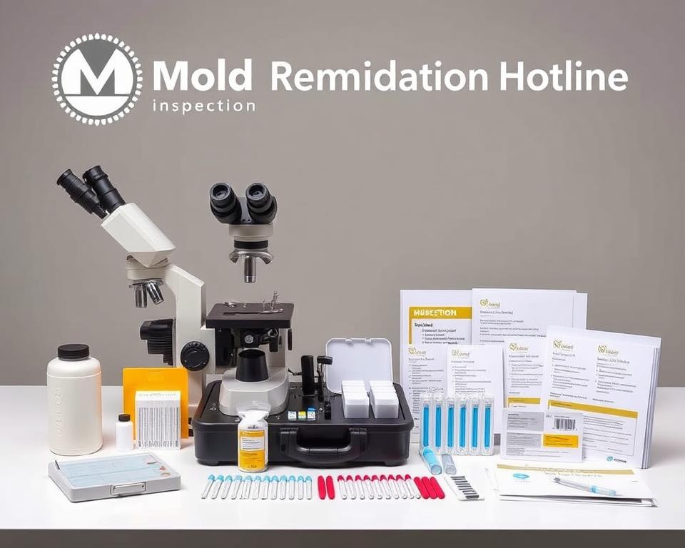 A professional mold inspection kit with a high-powered microscope, air sampling pump, and a comprehensive set of swabs, test kits, and documentation materials. The equipment is displayed on a clean, well-lit workbench against a neutral background, showcasing its precision and reliability. The Mold Remediation Hotline logo is prominently displayed, conveying a sense of authority and expertise. The scene exudes a tone of professionalism, attention to detail, and a commitment to thorough, accurate mold assessment.