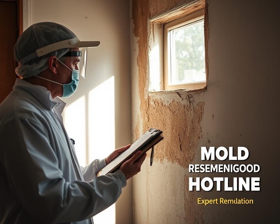 A professional mold inspector, dressed in protective gear, examines a damp, discolored wall with a clipboard and tools. Soft, directional lighting from a window casts shadows, highlighting the texture of the damaged surface. In the background, the "Mold Remediation Hotline" logo is visible, suggesting the availability of expert remediation services. The scene conveys a sense of careful, systematic assessment, underscoring the importance of professional involvement in managing mold issues.