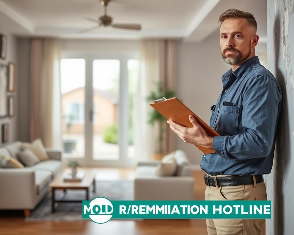 A professional mold remediation specialist standing in a residential setting, holding a clipboard and examining a damp wall. The foreground shows the specialist's serious expression and attentive body language, conveying their expertise and dedication to their work. The middle ground features a well-lit, clean interior with modern furnishings, suggesting a high-quality home environment. The background subtly incorporates the Mold Remediation Hotline branding, establishing the specialist's affiliation with a reputable service provider. The overall scene exudes a sense of professionalism, care, and a commitment to addressing mold issues effectively.