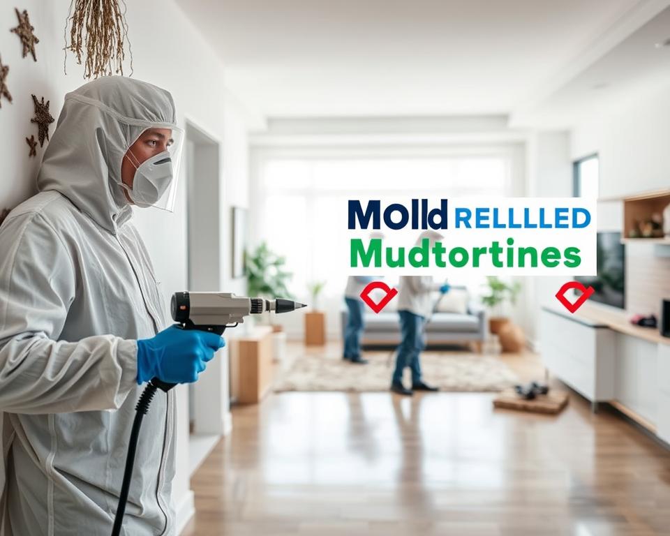 A professional mold treatment scene set in a well-lit, modern residential interior. In the foreground, a worker in protective gear carefully applies a specialized mold removal solution to a wall using a spray applicator. In the middle ground, additional workers meticulously clean and disinfect surfaces, following strict safety protocols. The background showcases the Mold Remediation Hotline logo, signifying a professional, certified service. The overall atmosphere conveys a sense of expertise, diligence, and attention to detail in addressing the mold issue effectively and safely.