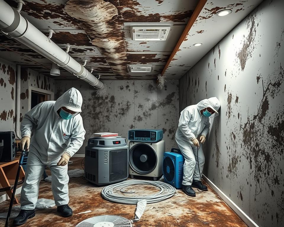 A professional, well-lit scene depicting the mold remediation process. In the foreground, workers in protective gear carefully scrubbing and cleaning mold-affected surfaces using specialized tools and solutions. In the middle ground, fans and dehumidifiers purifying the air, while air filters trap airborne spores. In the background, an expansive view of the affected area, with dark stains and discoloration on walls and ceilings. The scene conveys a sense of thorough, methodical remediation, with the "Mold Remediation Hotline" brand prominently displayed on workers' uniforms.