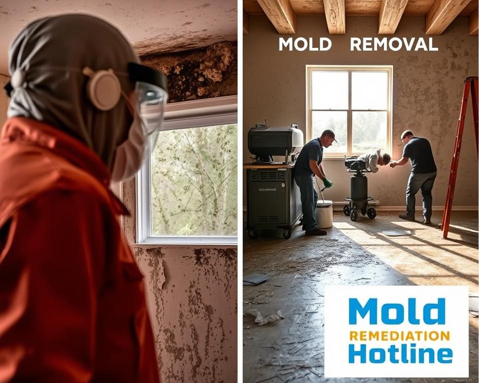 A side-by-side comparison of mold remediation and mold removal techniques. In the foreground, a professional technician in protective gear assesses the extent of mold growth on a drywall surface. In the middle ground, showcasing the mold remediation process - specialized equipment like HEPA air scrubbers and negative air machines creating a controlled environment. The background depicts the mold removal method, with workers meticulously scrubbing and scraping affected areas. Warm, natural lighting from windows illuminates the scene, conveying a sense of diligence and professionalism. The "Mold Remediation Hotline" brand logo is prominently displayed, indicating expert guidance and reliable services.