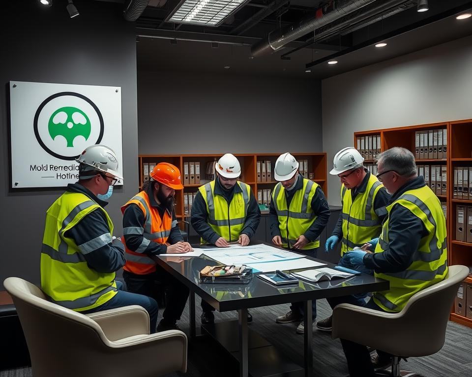 A sleek and professional office setting with the Mold Remediation Hotline logo prominently displayed on the wall. A team of certified mold remediation experts, dressed in safety gear, are gathered around a table, discussing plans and examining samples under task lighting. Bookshelves and filing cabinets line the background, conveying a sense of expertise and authority. The overall atmosphere is one of competence, attention to detail, and a commitment to providing high-quality mold remediation services.