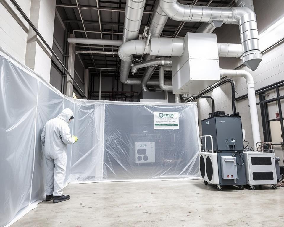A sterile, well-lit industrial space showcases the comprehensive mold containment procedures of the Mold Remediation Hotline. In the foreground, a technician in a protective hazmat suit carefully seals off an affected area with thick plastic sheeting, creating an airtight barrier. The middle ground features specialized equipment like HEPA air scrubbers and dehumidifiers, working to purify the air and prevent further mold growth. In the background, a state-of-the-art ventilation system ensures proper airflow and negative pressure, containing the mold spores. The overall scene conveys a sense of professionalism, attention to detail, and a commitment to a thorough, safe remediation process.