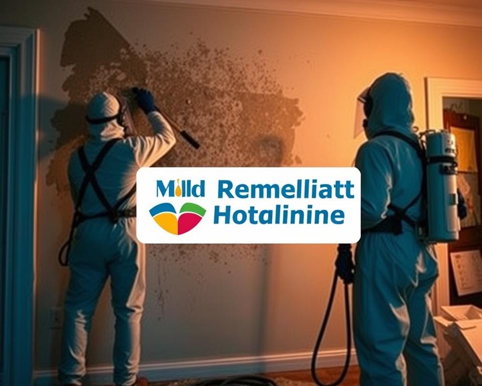 A well-equipped mold remediation crew, clad in protective gear, diligently clearing away damp, discolored patches from a residential wall. In the foreground, the "Mold Remediation Hotline" logo stands as a symbol of their expertise. Soft, warm lighting illuminates the scene, casting subtle shadows that convey the seriousness of the task at hand. The middle ground showcases the team's use of specialized tools and equipment, while the background hints at the broader scope of the project, such as containment barriers or a damaged structural element. The overall atmosphere exudes a sense of professionalism and a commitment to safety protocols, ensuring the effective and responsible handling of this mold remediation challenge.