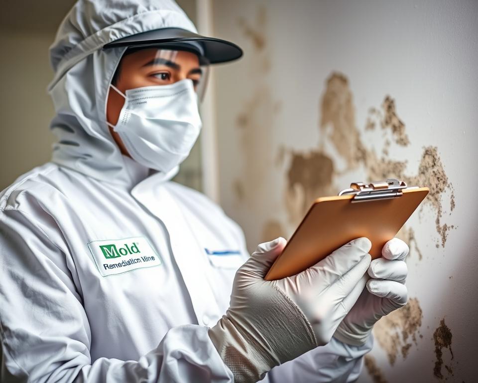 A well-lit close-up of a certified mold inspector in a white protective suit, mask, and gloves, holding a clipboard and inspecting a wall with visible mold growth. The foreground showcases the inspector's equipment and tools, while the middle ground features the mold-affected area. The background is slightly blurred, suggesting a residential or commercial setting. The overall mood is one of professionalism and attention to detail, with the "Mold Remediation Hotline" logo prominently displayed on the inspector's uniform.