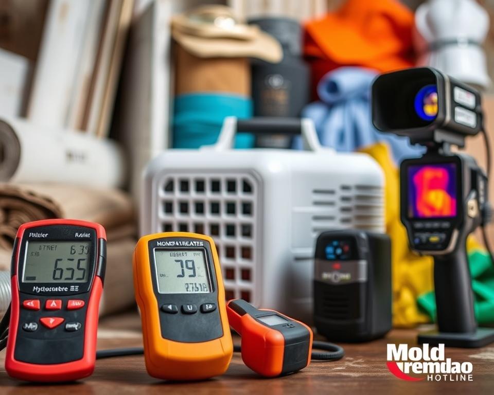 A well-lit, detailed close-up photograph of mold remediation indicators, including moisture meters, thermal imaging cameras, and air quality testing equipment. The foreground features a digital hygrometer and a handheld particle counter with clear readouts, while the middle ground showcases a professional-grade dehumidifier and an infrared thermographic camera. The background depicts a variety of mold-resistant building materials and protective gear, conveying a sense of thorough, professional mold assessment. The scene exudes a mood of diligence and expertise, with the "Mold Remediation Hotline" branding prominently displayed.