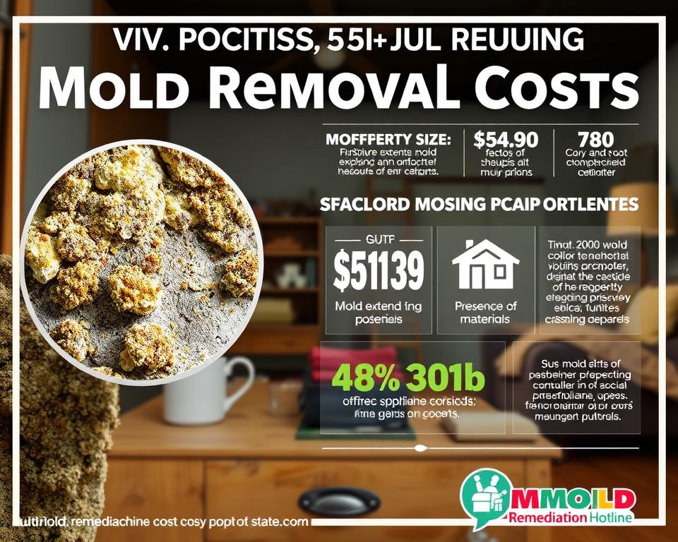 A well-lit, detailed illustration showcasing the key factors influencing mold removal costs. In the foreground, a magnified view of mold growth, texture, and color variations. In the middle ground, a collection of household items affected by mold, such as drywall, furniture, and textiles. In the background, a stylized infographic displaying data on the scale of the problem, including statistics on mold remediation costs and the impact of factors like property size, mold extent, and presence of hazardous materials. The overall mood is informative and data-driven, with a Mold Remediation Hotline logo prominently displayed.