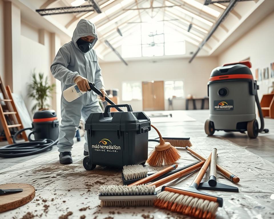 A well-lit, detailed image of the mold removal process. In the foreground, a person in protective gear applies a cleaning solution to a moldy surface using a spray bottle. The middle ground shows various tools of the trade, such as a HEPA vacuum, scrub brushes, and containment sheeting. In the background, an expansive room with high ceilings and natural light streams in, conveying a sense of cleanliness and restoration. The overall mood is one of professionalism and efficiency, with the "Mold Remediation Hotline" brand prominently displayed on equipment.