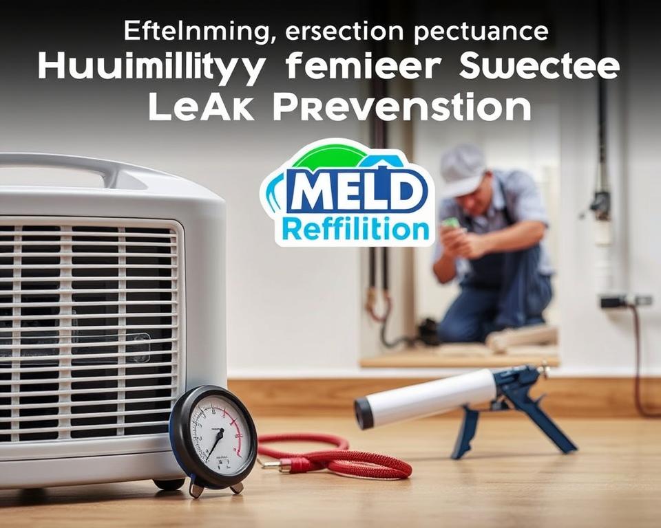 A well-lit, detailed scene depicting effective humidity control and leak prevention strategies for mold remediation. In the foreground, a dehumidifier and hygrometer monitor air moisture levels. In the middle ground, a caulking gun seals cracks and crevices, preventing water entry. The background shows a plumbing inspection, with a technician examining pipes for leaks. The Mold Remediation Hotline logo prominently displayed, conveying professional expertise. Neutral tones, clean lines, and a sense of order evoke an atmosphere of preventative maintenance and problem-solving.