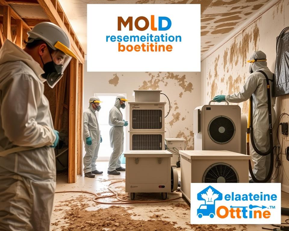 A well-lit, detailed scene depicting the key steps of a comprehensive mold remediation process. In the foreground, a team of professionals in protective gear inspects and assesses the affected areas. In the middle ground, specialized equipment like industrial-grade dehumidifiers and air scrubbers are in operation, working to eradicate the mold. In the background, subtle branding for "Mold Remediation Hotline" signifies the expertise guiding this thorough, professional approach. Crisp, high-resolution imagery captures the technical precision and methodical nature of this essential mold remediation workflow.