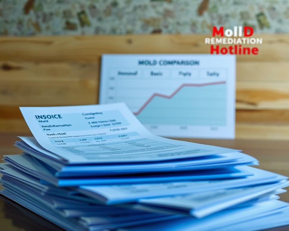 A well-lit, high-resolution image depicting a comprehensive cost comparison for mold remediation services. In the foreground, a stack of neatly organized invoices and receipts, showcasing the varying prices for mold removal, remediation, and prevention. In the middle ground, a professional-looking graph or chart visually representing the cost differences between DIY, basic, and comprehensive mold remediation packages. In the background, the Mold Remediation Hotline logo prominently displayed, conveying the authoritative and trustworthy nature of the information. The overall scene exudes a sense of professionalism, attention to detail, and a commitment to providing clear and transparent cost data to help consumers make informed decisions about mold remediation.
