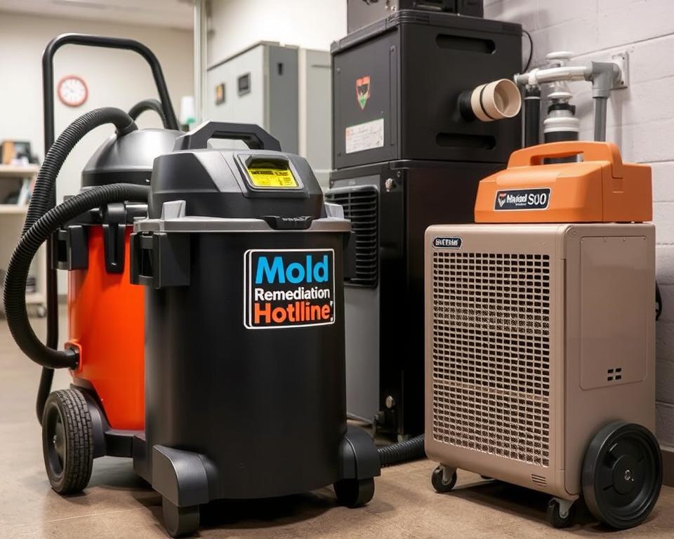 A well-lit, high-resolution photograph of mold removal equipment, including a high-powered wet/dry vacuum, a commercial dehumidifier, and an air scrubber. The equipment is arranged in a professional setting, such as a clean, well-organized workspace. The Mold Remediation Hotline logo is prominently displayed on the air scrubber. The image conveys a sense of expertise and reliability, with the equipment appearing modern, well-maintained, and ready for use in a mold remediation project.