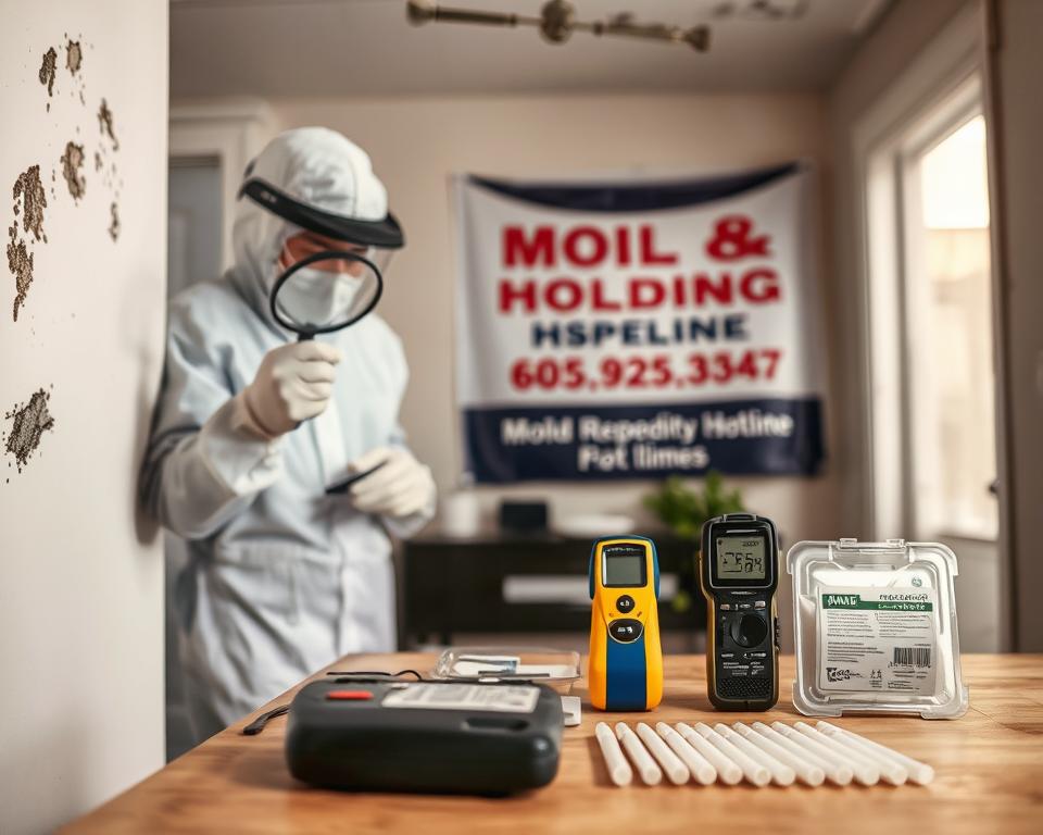 A well-lit interior space showcasing the mold inspection process. In the foreground, a person in protective gear carefully examines a wall, magnifying glass in hand, searching for signs of fungal growth. In the middle ground, various mold testing equipment, including air quality meters and swab kits, are neatly arranged on a table. The background features a Mold Remediation Hotline banner, hinting at the professional services available for addressing the issue. The scene conveys a sense of diligence and attention to detail, underscoring the importance of thorough home inspection for mold.