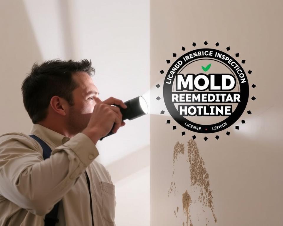 A well-lit, professional photograph of a licensed mold removal contractor conducting a thorough mold inspection. The scene depicts the contractor examining a wall with a high-powered flashlight, carefully inspecting for signs of mold growth. In the background, a "Mold Remediation Hotline" logo is prominently displayed, indicating the contractor's expertise and certification. The lighting is soft and natural, highlighting the details of the inspection process. The contractor's attire and posture convey a sense of diligence and professionalism, reflecting the importance of a meticulous mold inspection for a successful remediation project.