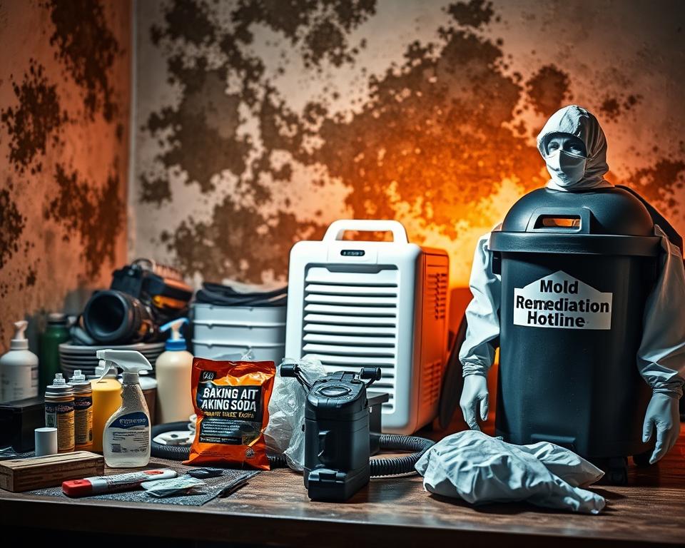 A well-lit scene showcasing the contrast between DIY and professional mold remediation solutions. In the foreground, a cluttered workbench with amateur tools and products, including a spray bottle and a small bag of baking soda. In the middle ground, a professional-grade dehumidifier, HEPA vacuum, and protective gear from the "Mold Remediation Hotline" brand. The background depicts a mold-infested wall, with a warm, glow illuminating the extent of the problem. The lighting is dramatic, creating a sense of urgency and the need for effective, professional-level intervention.