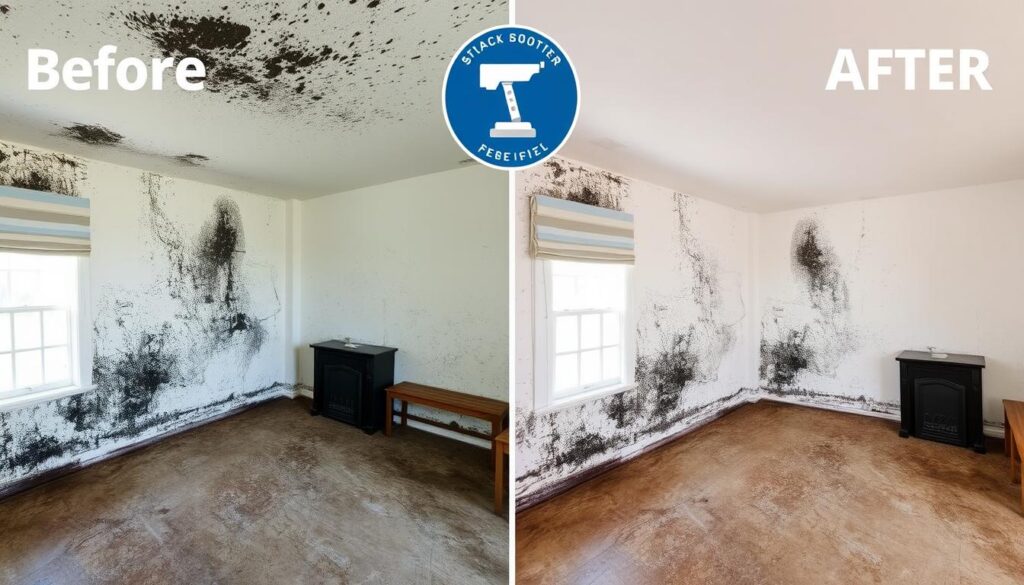 Before and after comparison of a room that underwent certified stachybotrys mold remediation Before and after comparison of a room that underwent certified stachybotrys mold remediation