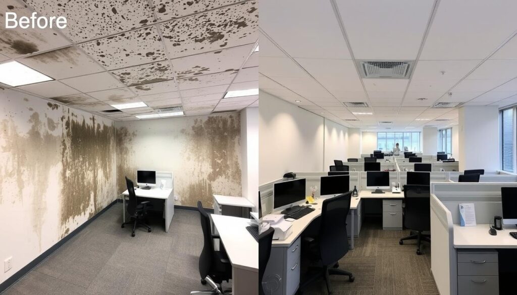 Before and after comparison of office mold remediation with minimal disruption Before and after comparison of office mold remediation with minimal disruption