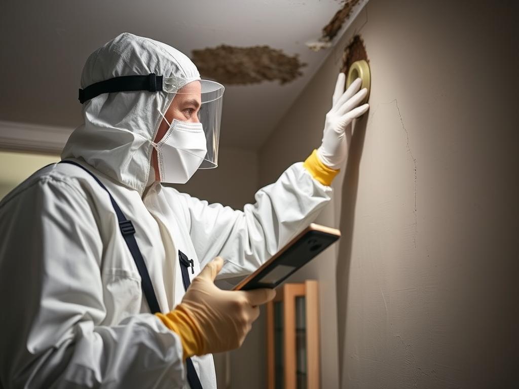 Certified mold inspector examining a property during pre-purchase mold inspection for homeowners Certified mold inspector examining a property during pre-purchase mold inspection for homeowners