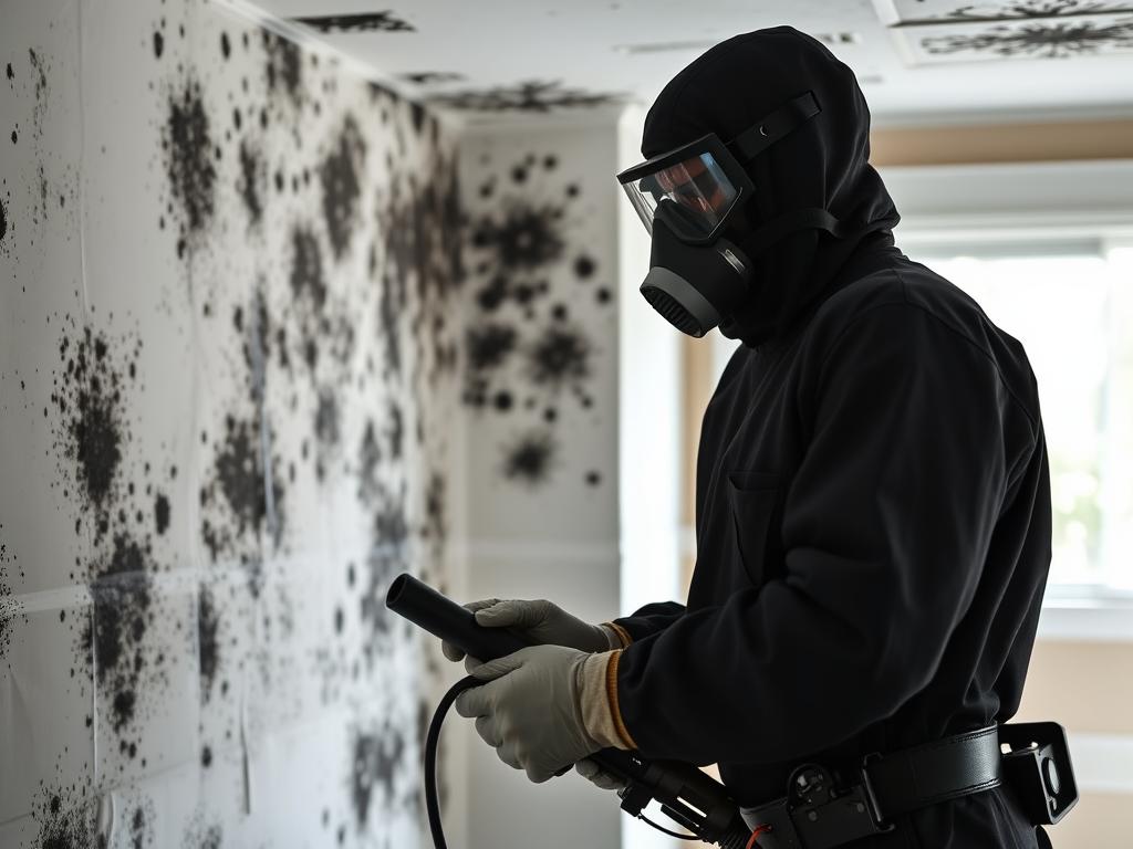 Certified technician in full PPE performing certified stachybotrys mold remediation in a contaminated area Certified technician in full PPE performing certified stachybotrys mold remediation in a contaminated area