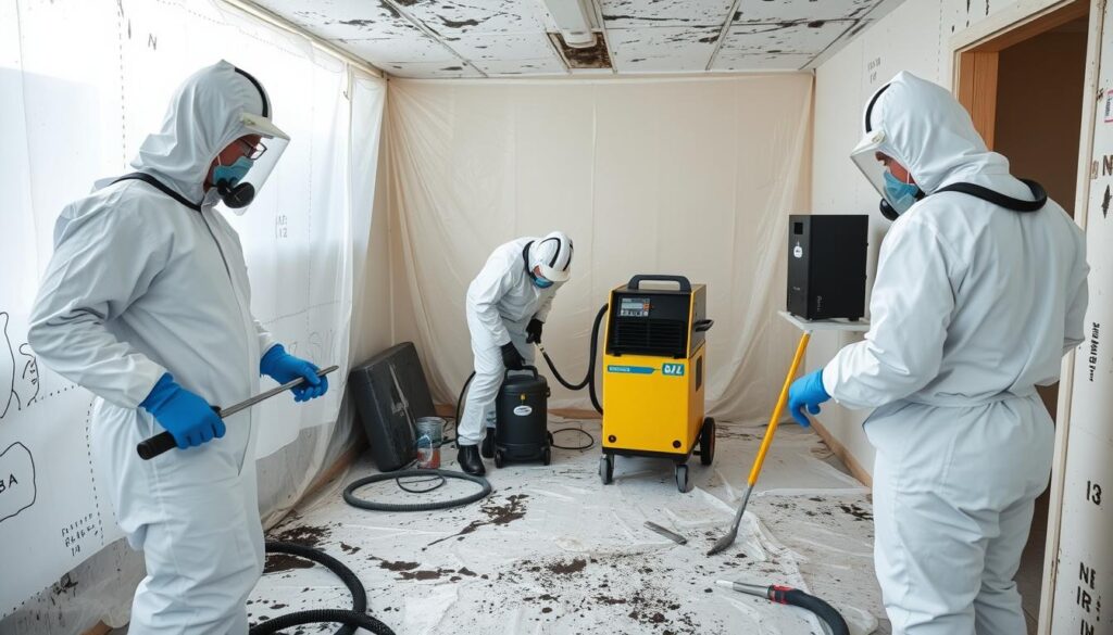 Certified technicians performing professional stachybotrys mold remediation with specialized equipment Certified technicians performing professional stachybotrys mold remediation with specialized equipment