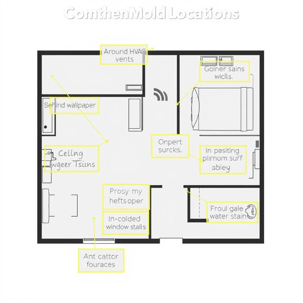 Common office mold growth locations highlighted in an office floor plan Common office mold growth locations highlighted in an office floor plan