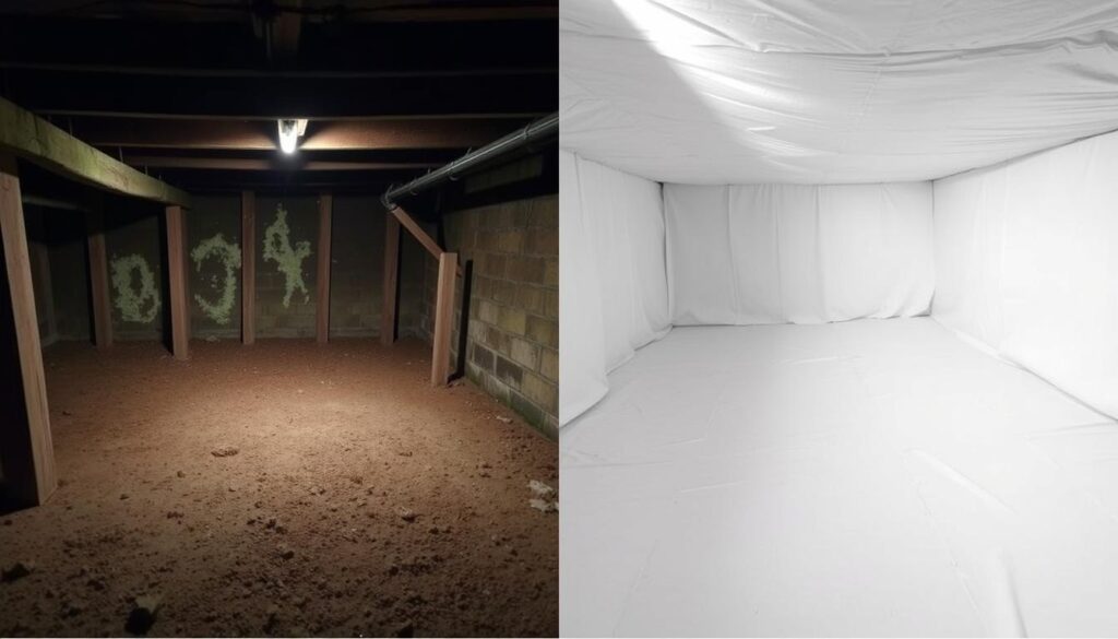 Crawl space mold encapsulation before and after comparison