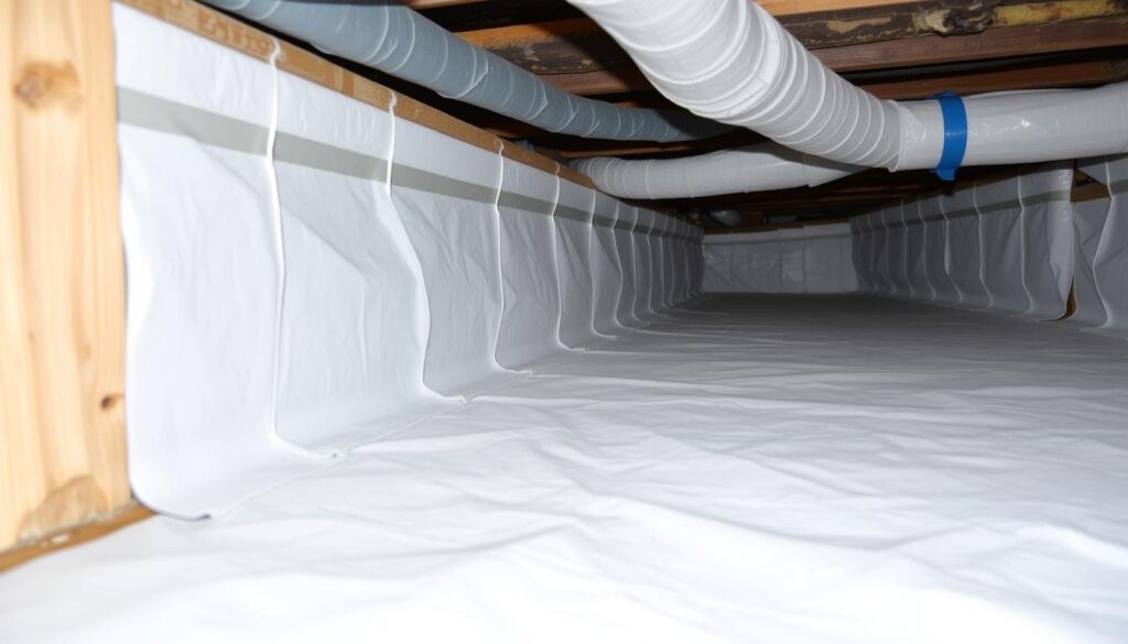 Crawl space vapor barrier installation for mold prevention Crawl space vapor barrier installation for mold prevention