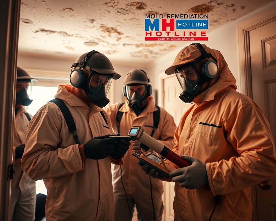 Crisp, well-lit image of a professional mold remediation crew evaluating a home interior. In the foreground, a team of certified technicians in protective hazmat suits and respirators carefully inspecting visible mold growth and water damage. In the middle ground, advanced detection equipment like hygrometers and borescopes are being utilized. The background showcases the Mold Remediation Hotline logo, signifying the trusted expertise of this certified contractor. Warm, diffused lighting casts an authoritative yet reassuring mood, conveying the importance of hiring qualified professionals for safe and effective mold removal.