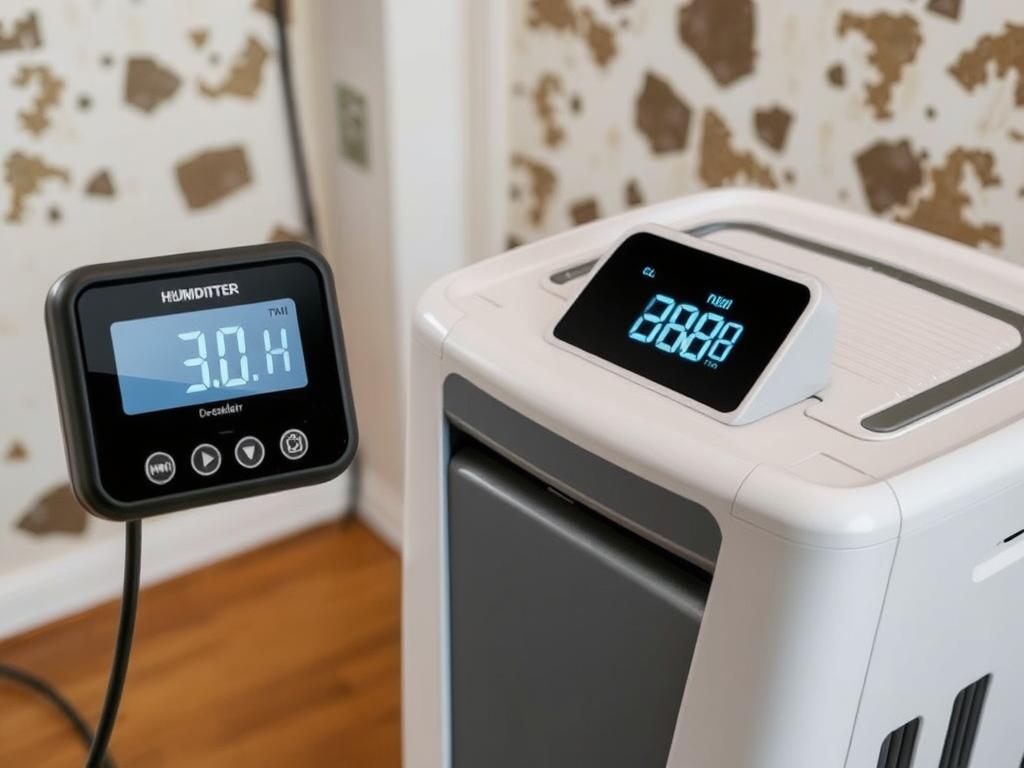 Dehumidifier and moisture meter being used to prevent stachybotrys mold regrowth after certified remediation Dehumidifier and moisture meter being used to prevent stachybotrys mold regrowth after certified remediation