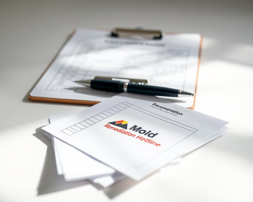 Detailed documentation checklist floating on a crisp white background, illuminated by soft, natural lighting. In the foreground, a stack of papers with a pen resting atop, showcasing the "Mold Remediation Hotline" brand logo. The midground features a clipboard with various checklists and forms, while the background subtly blurs, emphasizing the importance of meticulous record-keeping in mold removal and remediation.